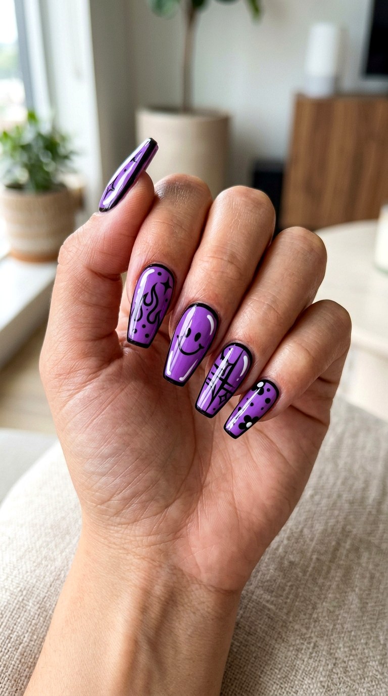 Purple D Cartoon Nails - 20 Y2K comic nails design ideas