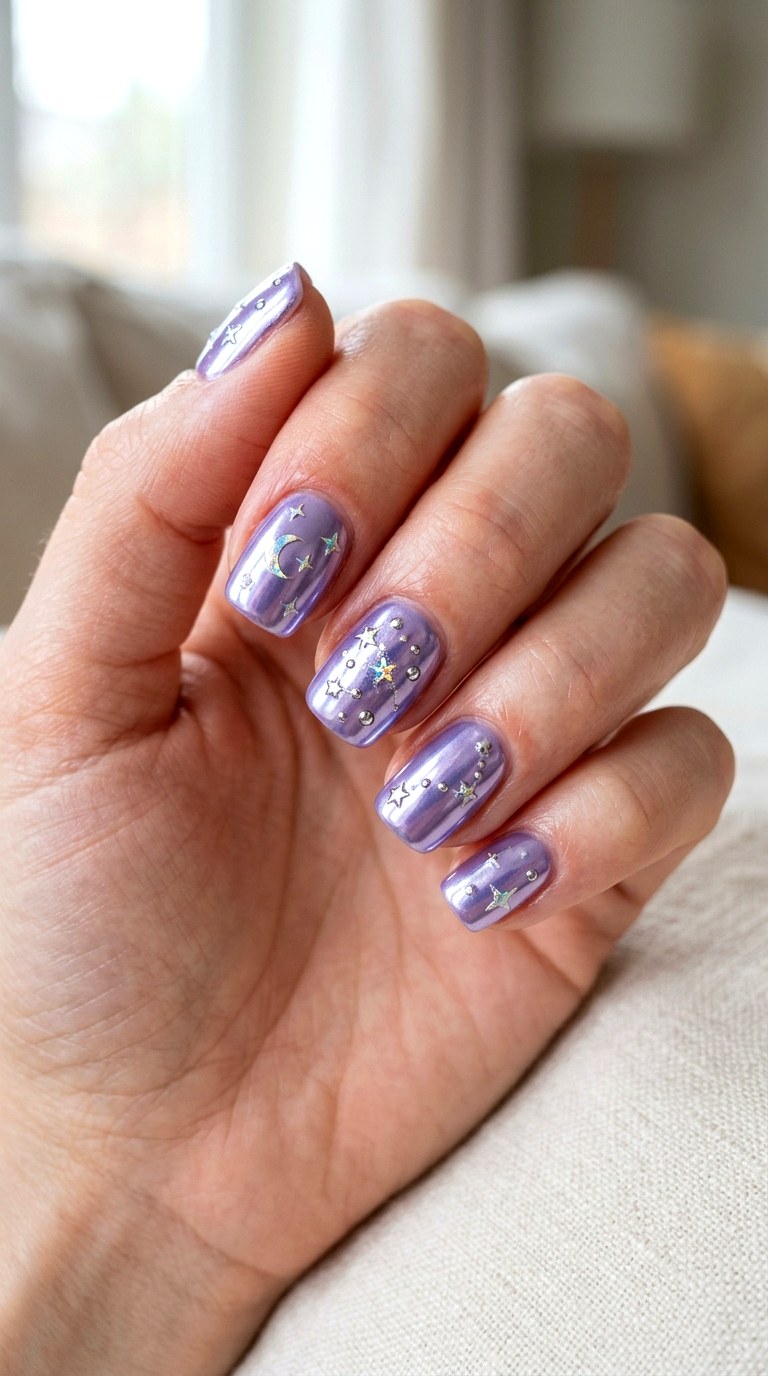 Purple Chrome Star Nails - 24 y2k star short nail ideas
