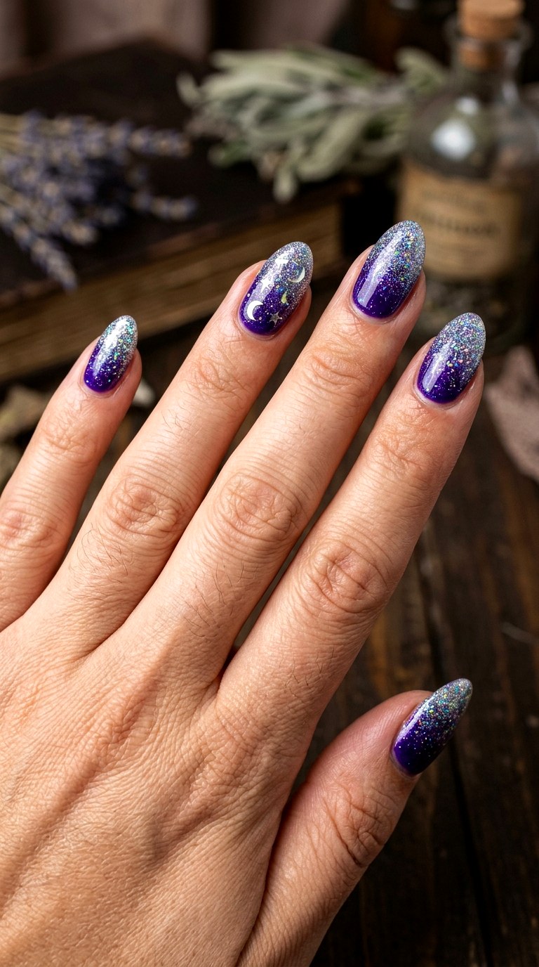 Purple Glitter Witch Nails - 25 short halloween nail ideas