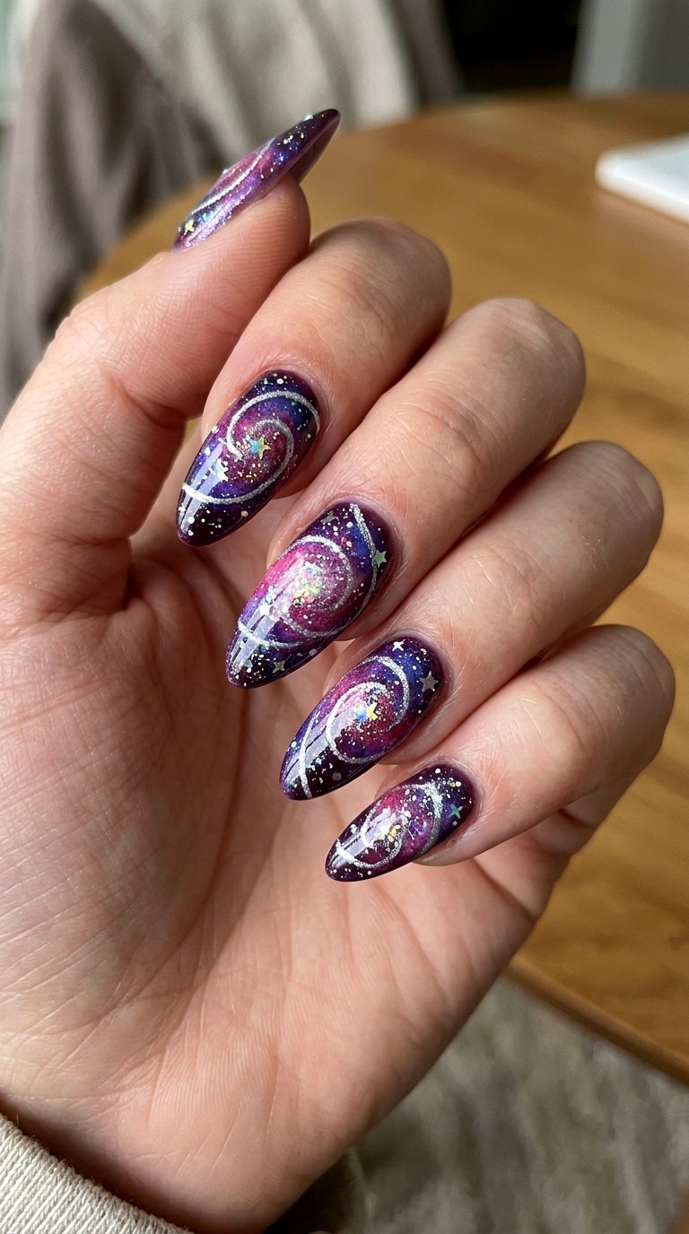Purple Nebula Star Spirals - 25 magical starry swirl nail ideas