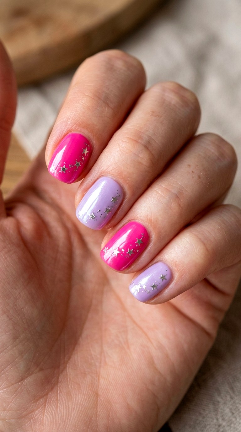 Purple Pink Star Mix - 24 y2k star short nail ideas