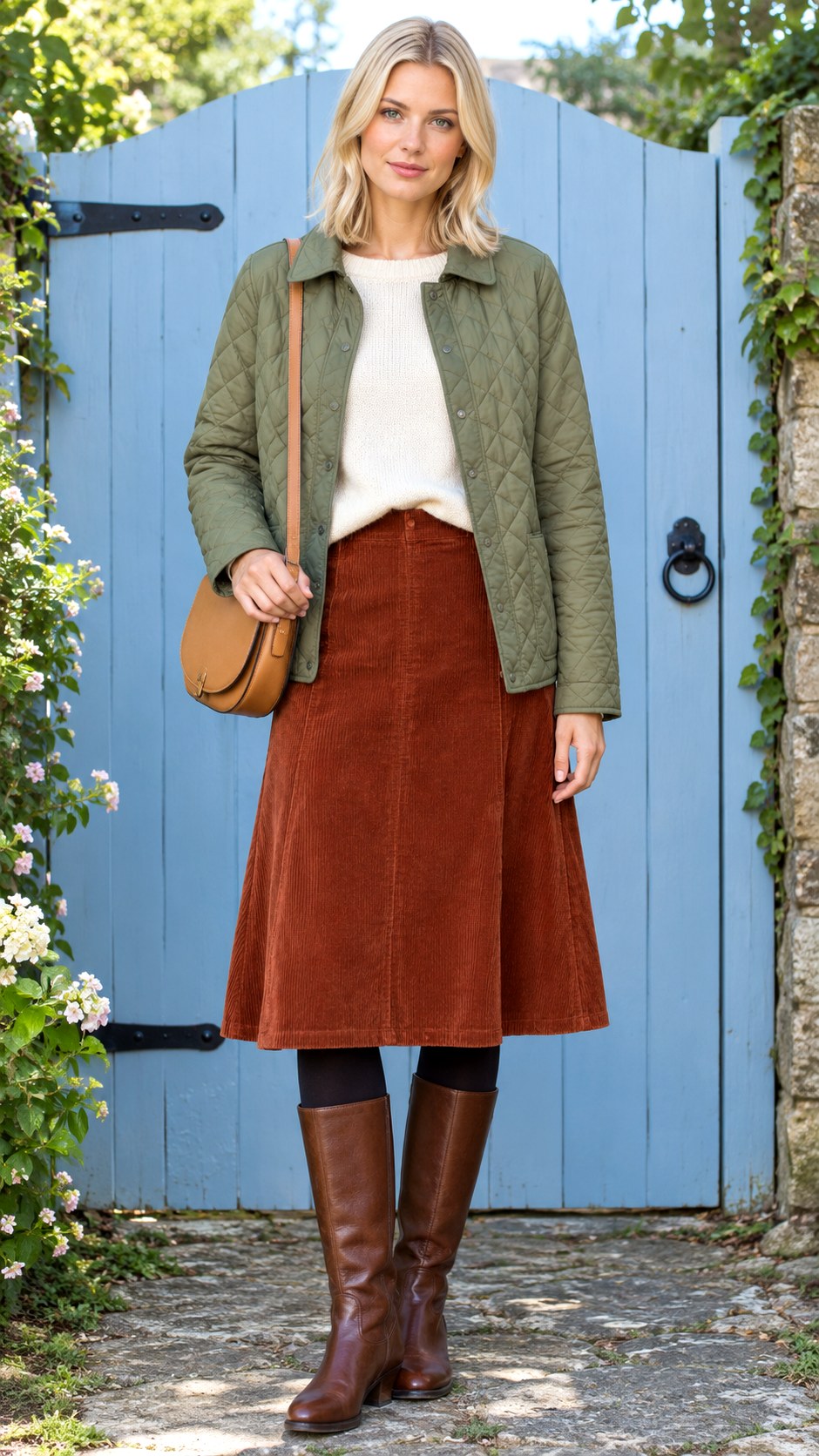 Quilted Jacket With Corduroy Midi Skirt - 20 comfy fall outfits