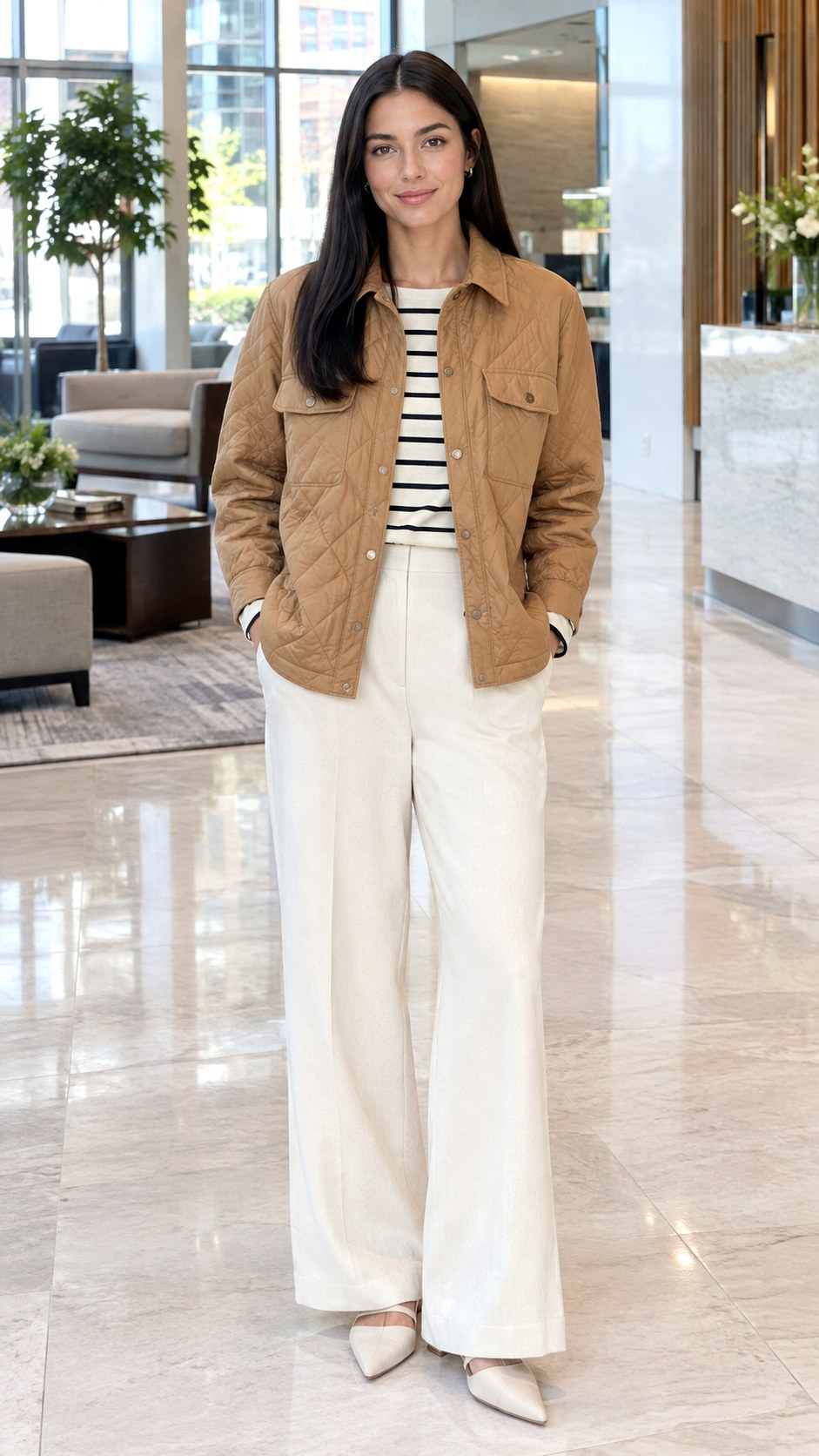 Quilted Shacket with Wide Leg Pants - 21 shacket jacket outfit ideas