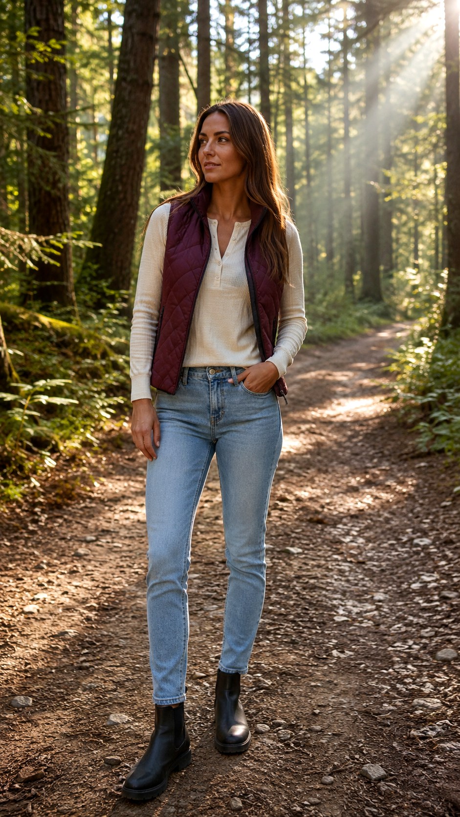 Quilted Vest and Light Denim Jeans - 21 Light Denim Jeans Outfit Ideas