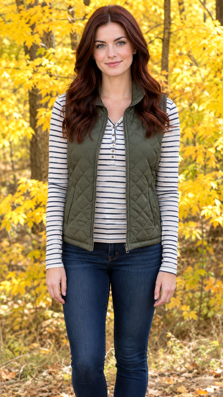 Quilted Vest and Long Sleeve Henley - 24 early fall outfit look ideas