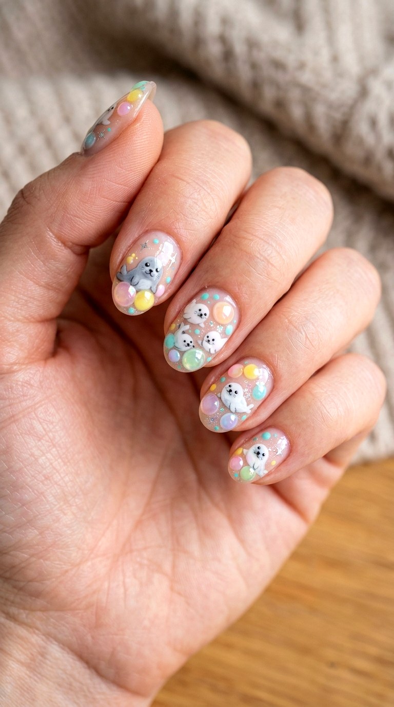 Rainbow Bubble Seals Nails - 22 little seals cute kawaii nail ideas