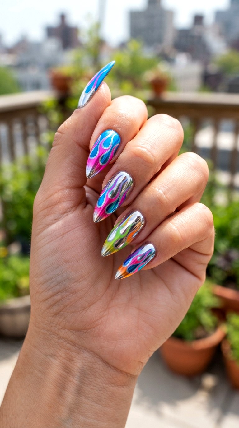 Rainbow Chrome Flame Nails - 25 brigh spring funky nail ideas