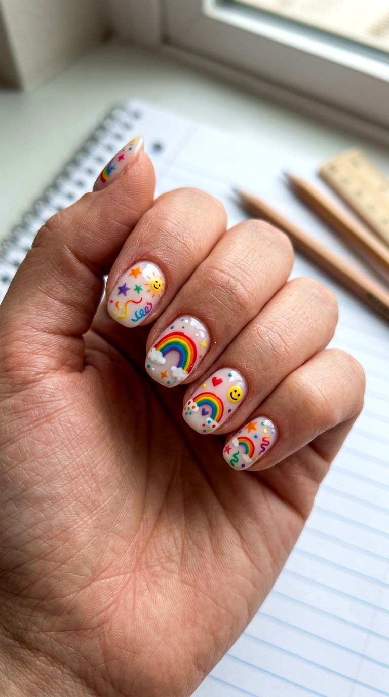 Rainbow Classroom Doodles - 23 back to school nail art inspiration ideas