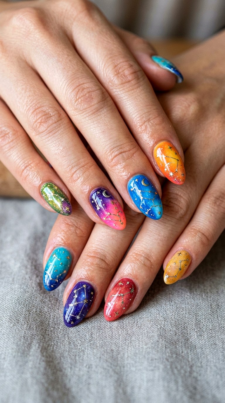 Rainbow Constellation Nails - 22 colorful mix and match star nail ideas