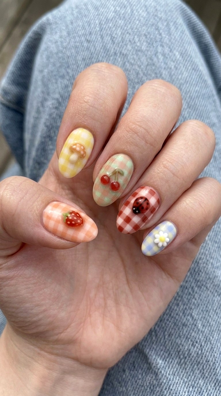 Rainbow Gingham Picnic Nails - 25 brigh spring funky nail ideas