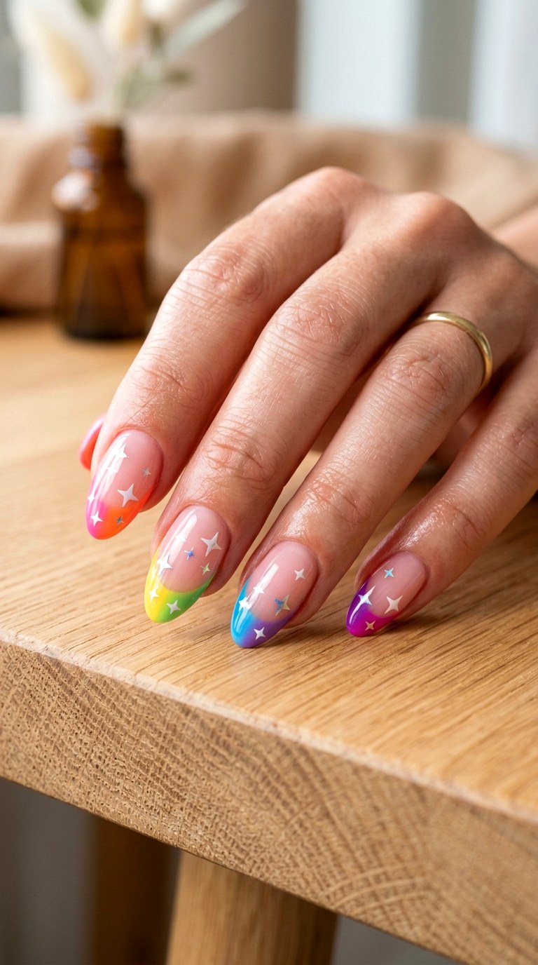 Rainbow Star French Tips - 22 colorful mix and match star nail ideas