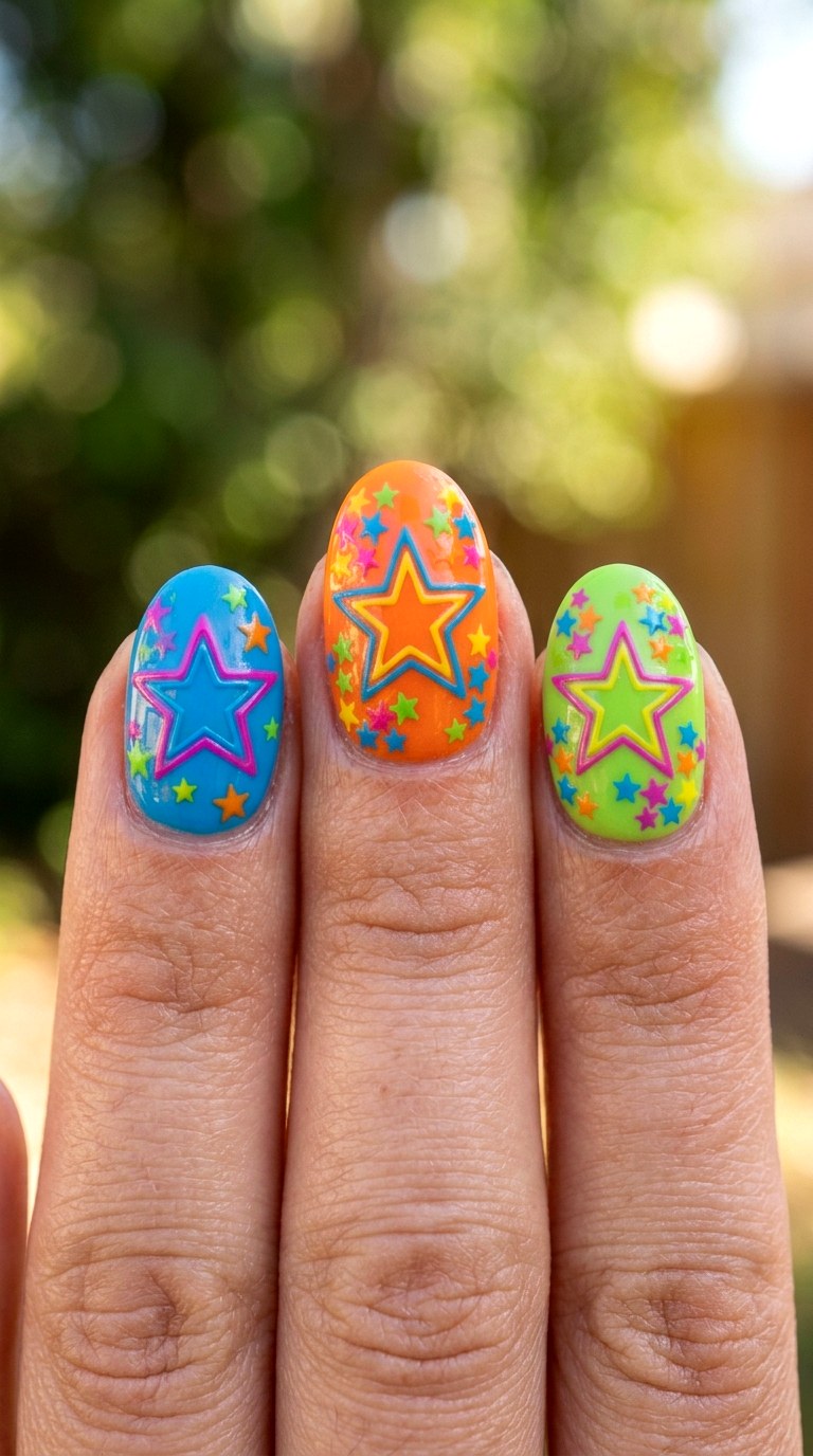 Rainbow Star Outline Nails - 22 colorful mix and match star nail ideas