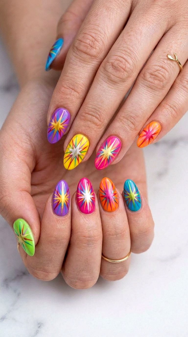 Rainbow Starburst Nails - 22 colorful mix and match star nail ideas