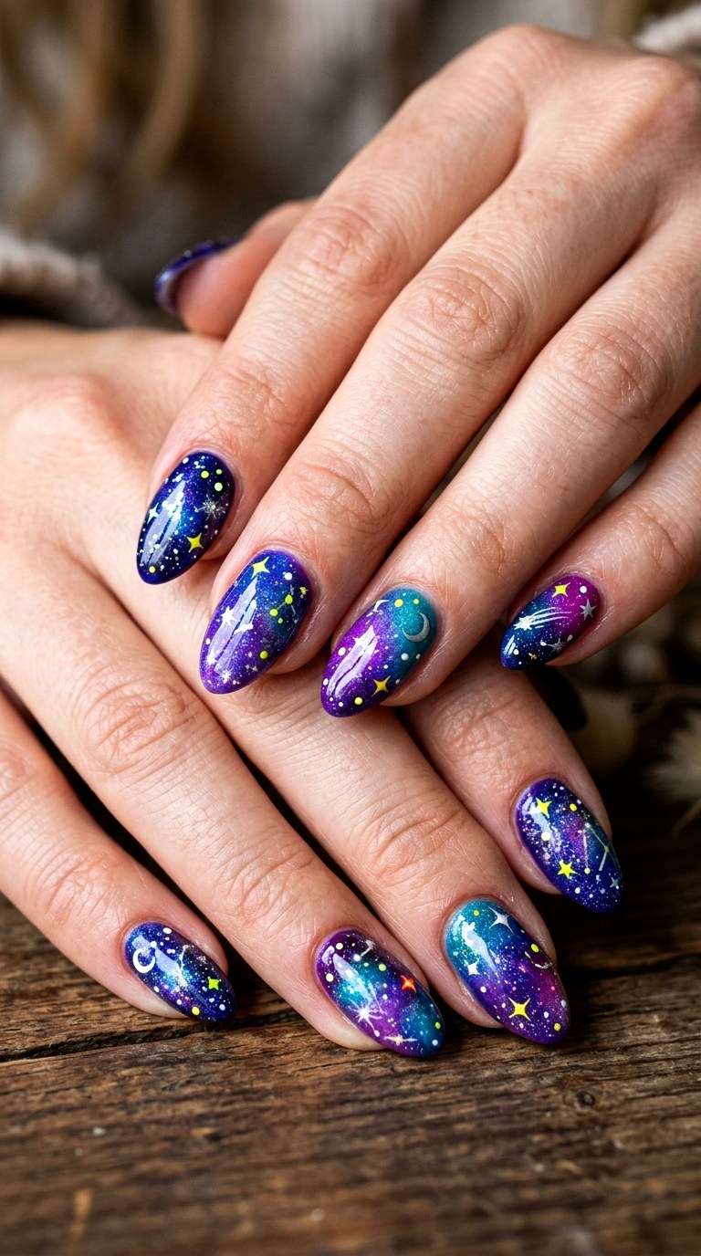 Rainbow Starry Night Nails - 22 colorful mix and match star nail ideas