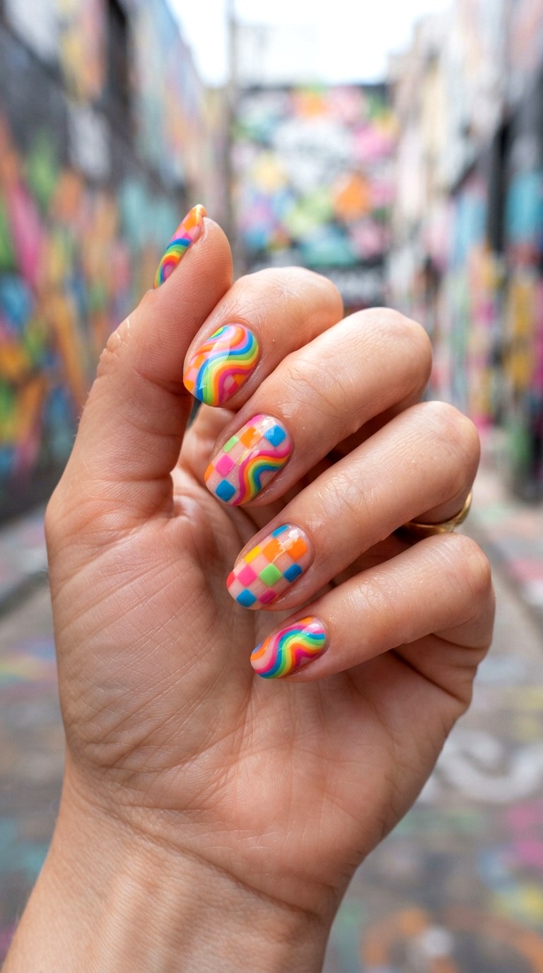 Rainbow Swirl Checker Nails - 25 brigh spring funky nail ideas