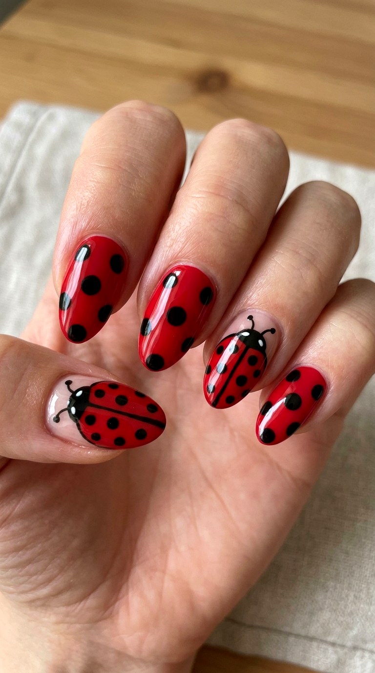 Red And Black Polka Dot Nails - 22 Trendy ladybug nail ideas
