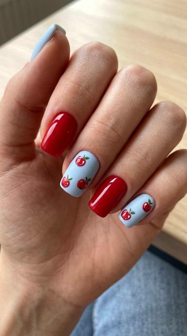 Red And Blue Apple Mix - 20 apple whimsical nail design ideas