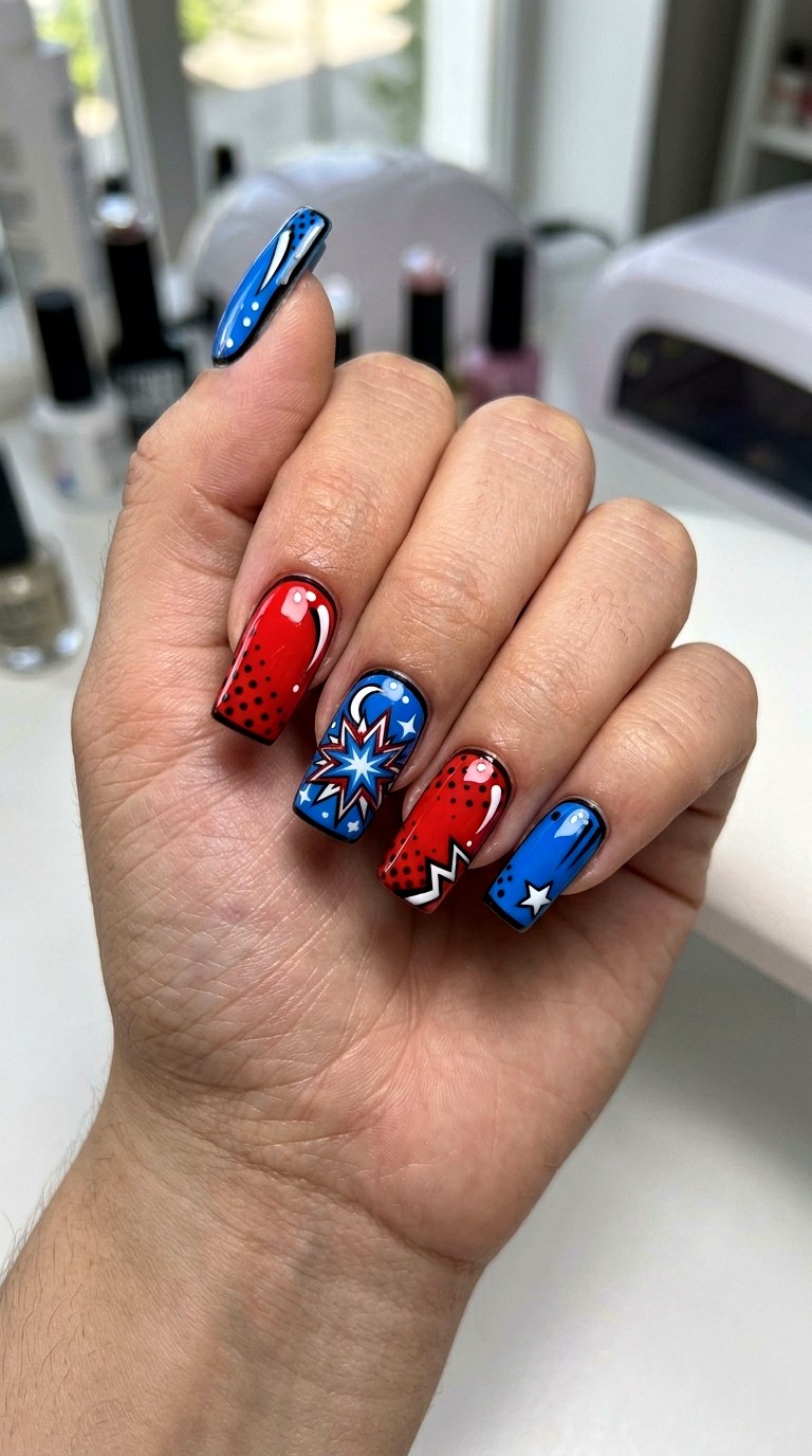 Red And Blue Comic Nails - 20 Y2K comic nails design ideas