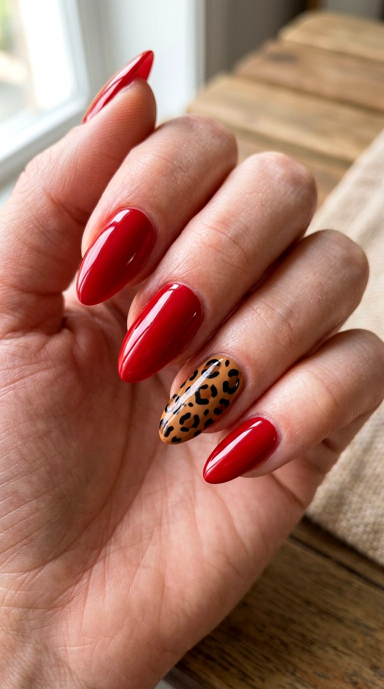 Red And Cheetah Combination - 20 Modern cheetah print nail design ideas