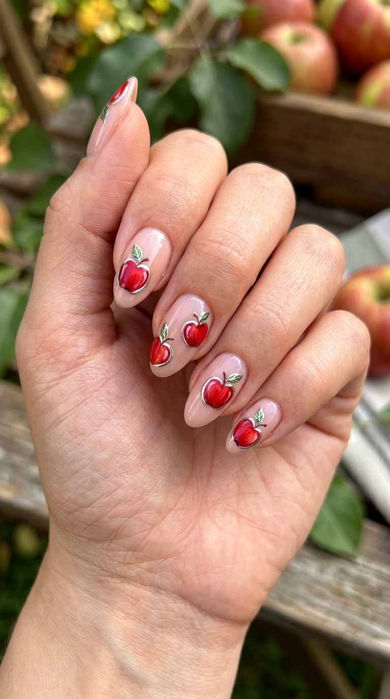 Red Apple Chrome Accents - 20 apple whimsical nail design ideas