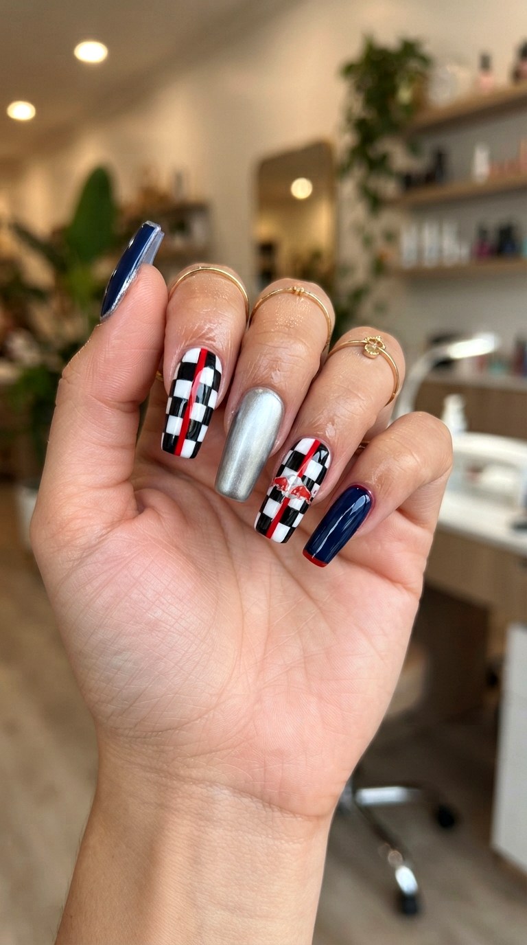 Red Bull Checkered Flag Nails - 21 Red Bull nail ideas
