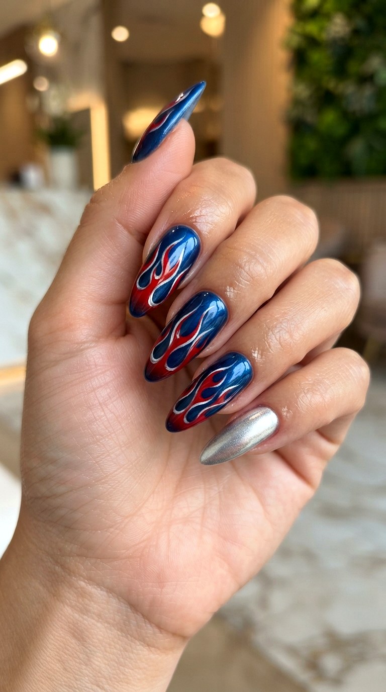Red Bull Flame Accent Nails - 21 Red Bull nail ideas