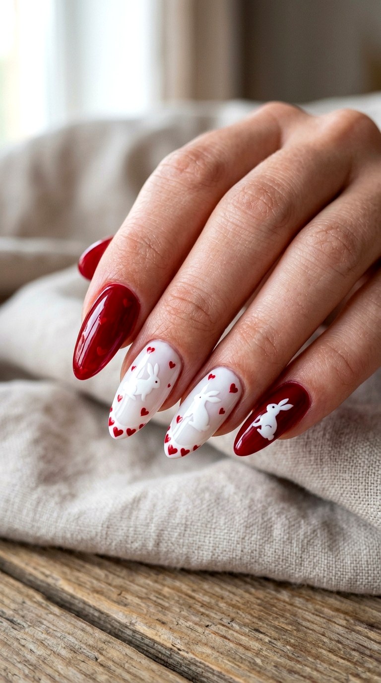 Red Heart Bunny Nails - 25 sweet heart bunny nails idea
