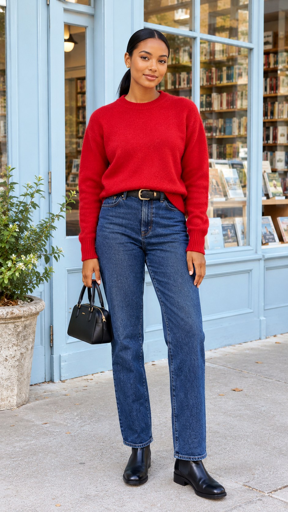 Red Knit Sweater With Indigo Jeans - 20 fall outfits black women