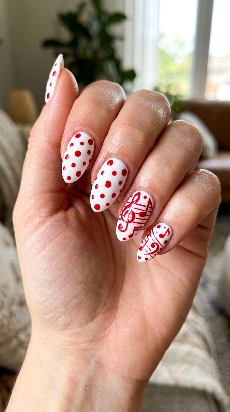 Red Notes With White Dots - 20 polka dots musical notes Nail design ideas