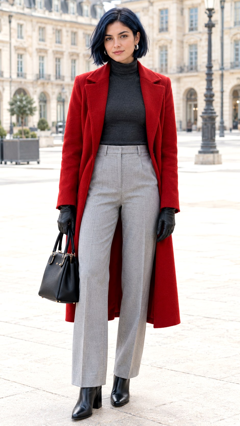 Red Wool Coat With Gray Trousers - 20 baddie winter outfits