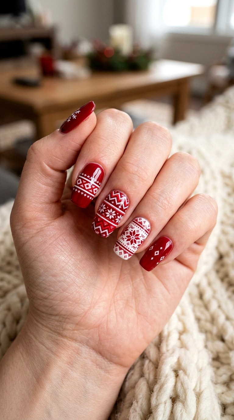 Red and White Fair Isle Nails - 24 winter sweater nails nail art design ideas