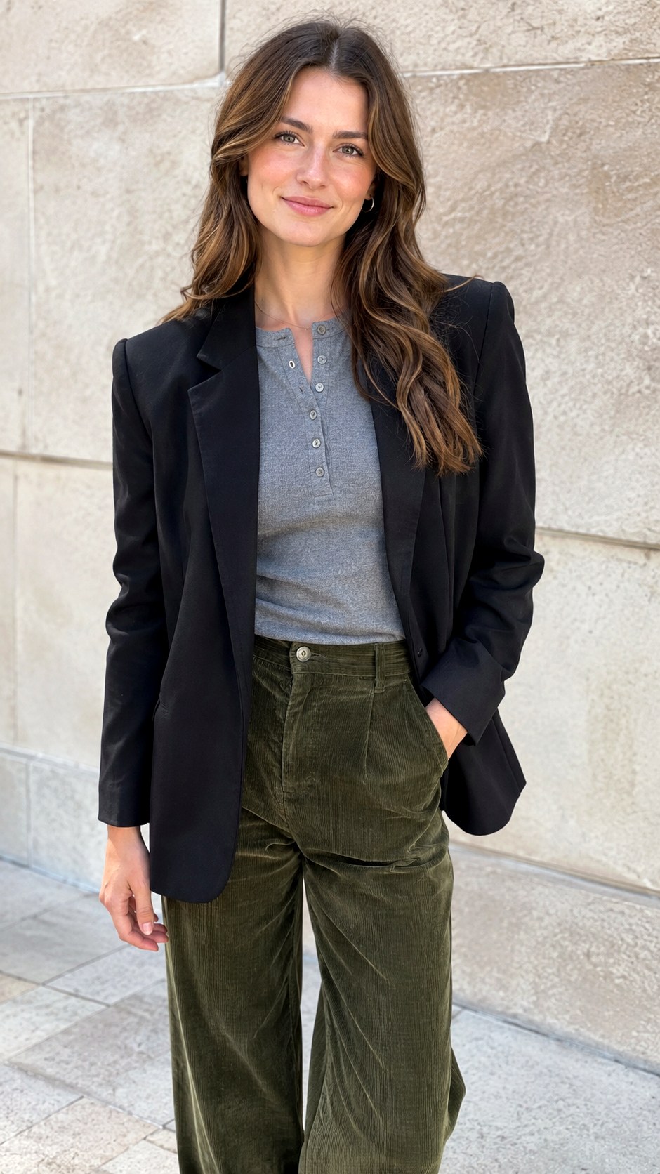 Relaxed Henley and Corduroy Pants With Black Blazer - 22 black blazer outfit ideas