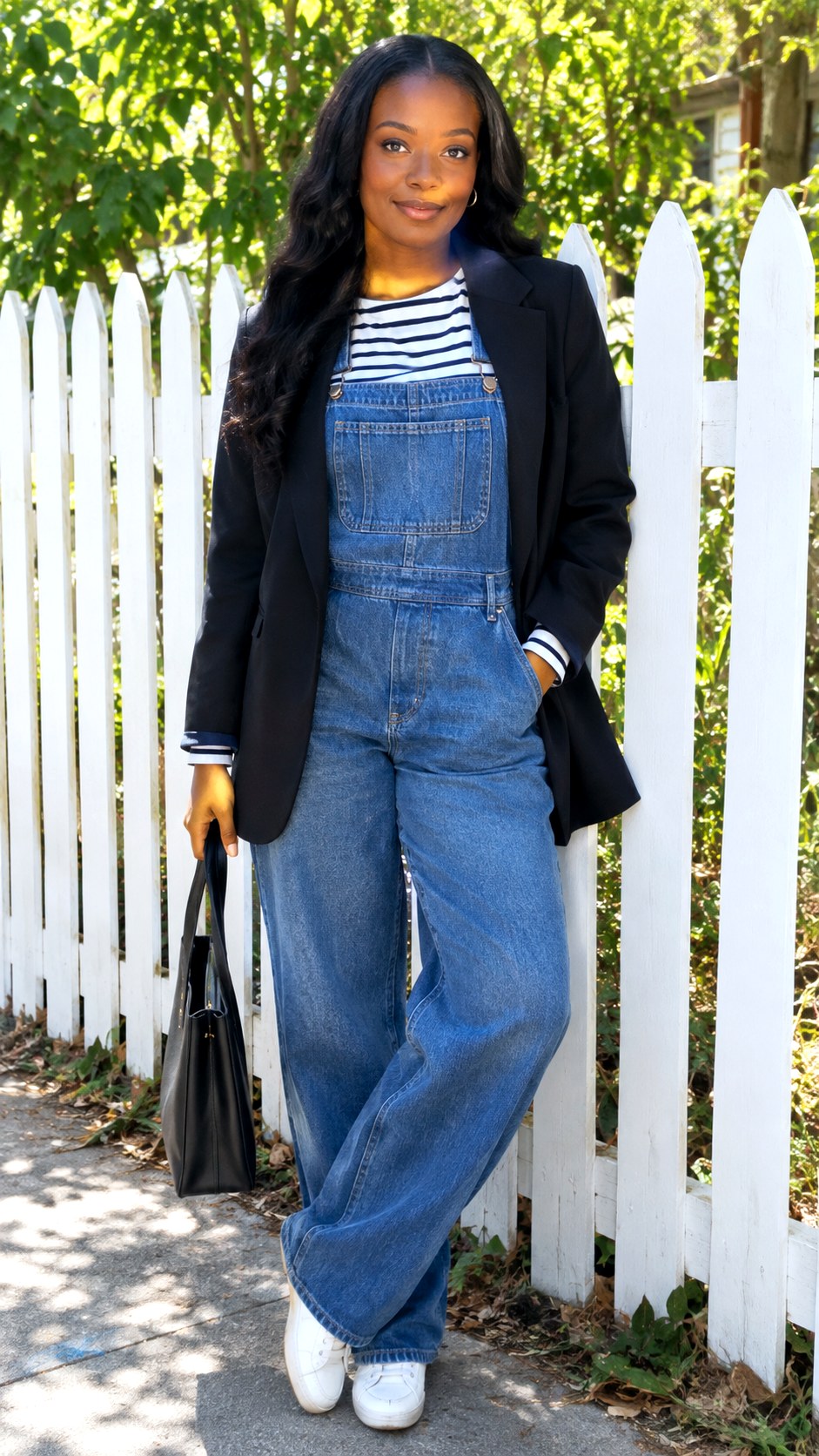 Relaxed Overalls and Striped Long Sleeve With Black Blazer - 22 black blazer outfit ideas