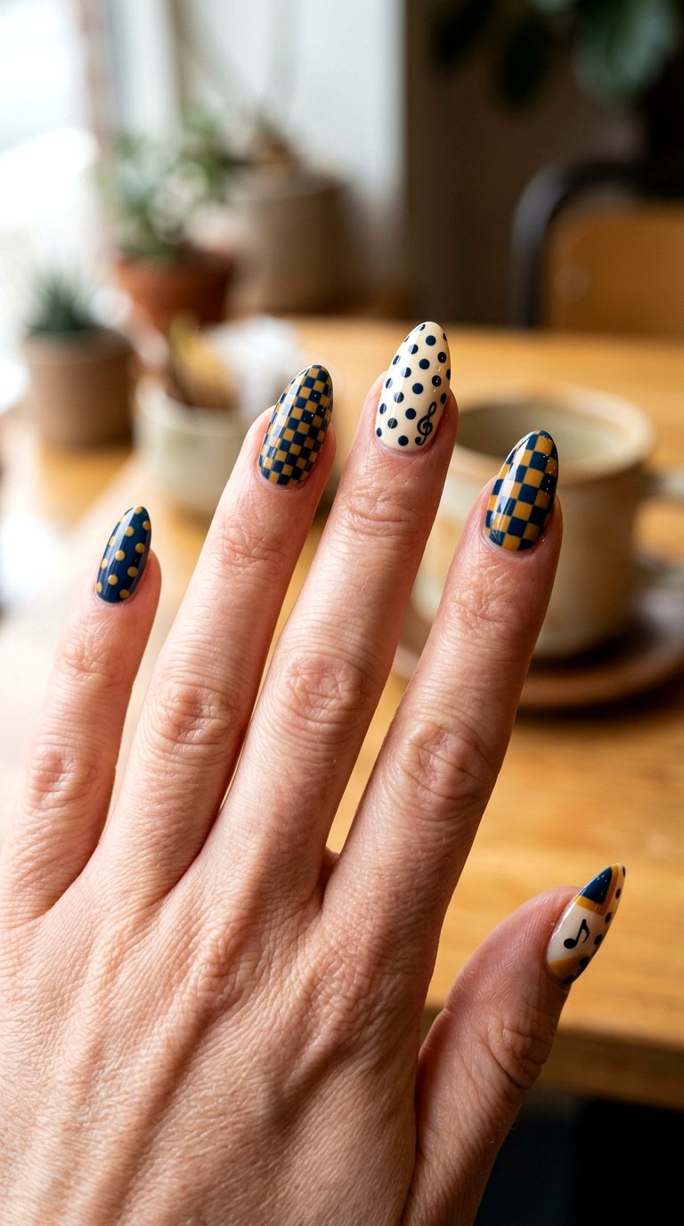 Retro Checker And Music Dots - 20 polka dots musical notes Nail design ideas