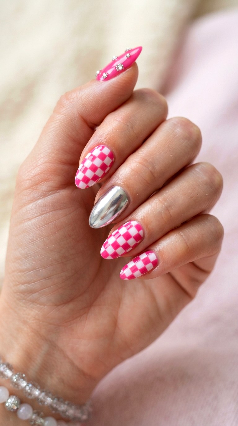 Retro Checkerboard Almonds - 22 retro Y2K almond nail ideas