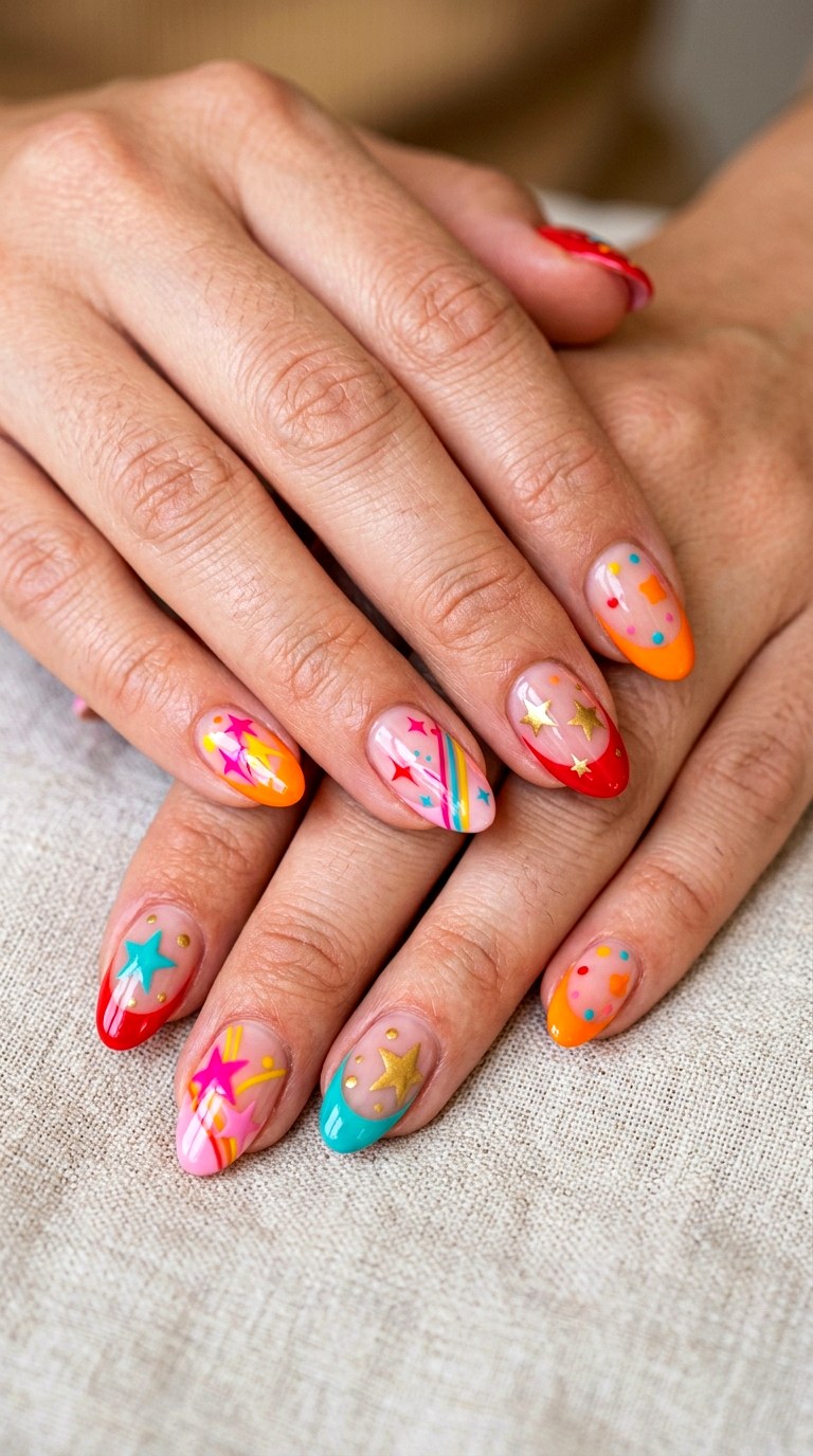 Retro Color Star Nails - 22 colorful mix and match star nail ideas