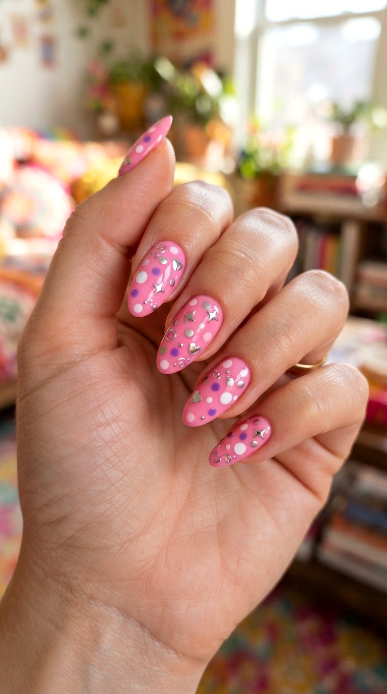 Retro Pink Polka Dot Nails - 22 retro Y2K almond nail ideas