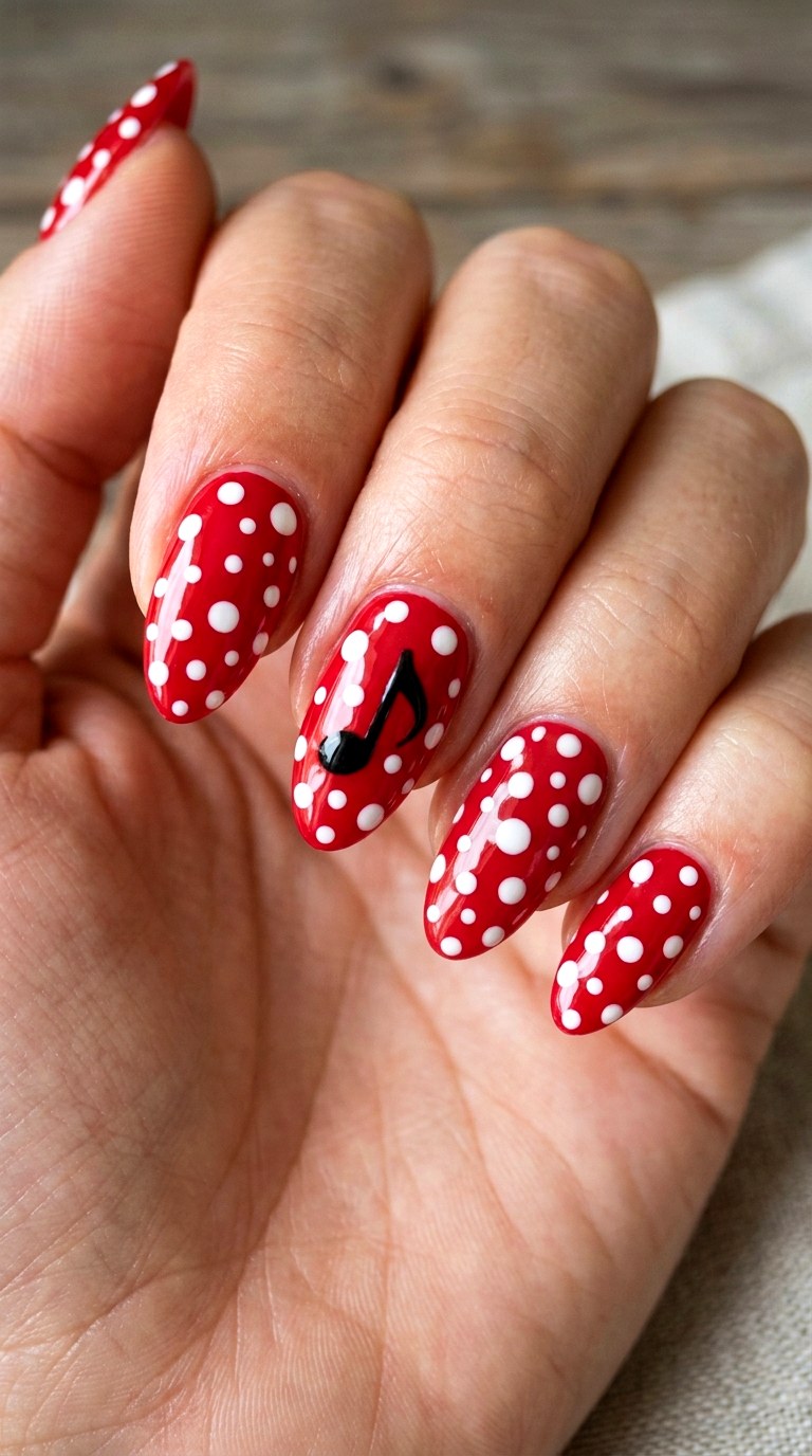 Retro Red Music Nails - 20 polka dots musical notes Nail design ideas
