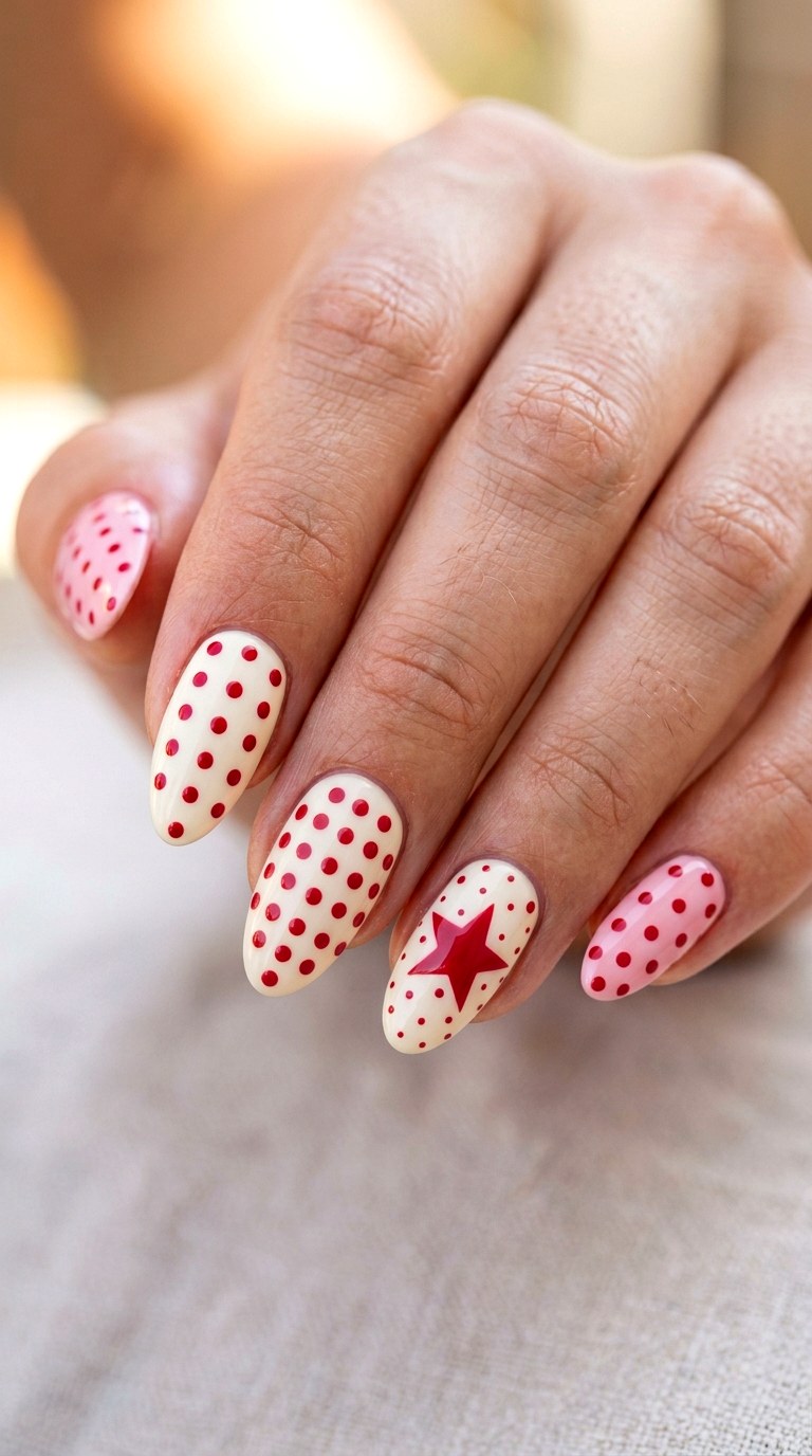 Retro Red and Pink Stars - 20 Star and polka dots Nail design ideas
