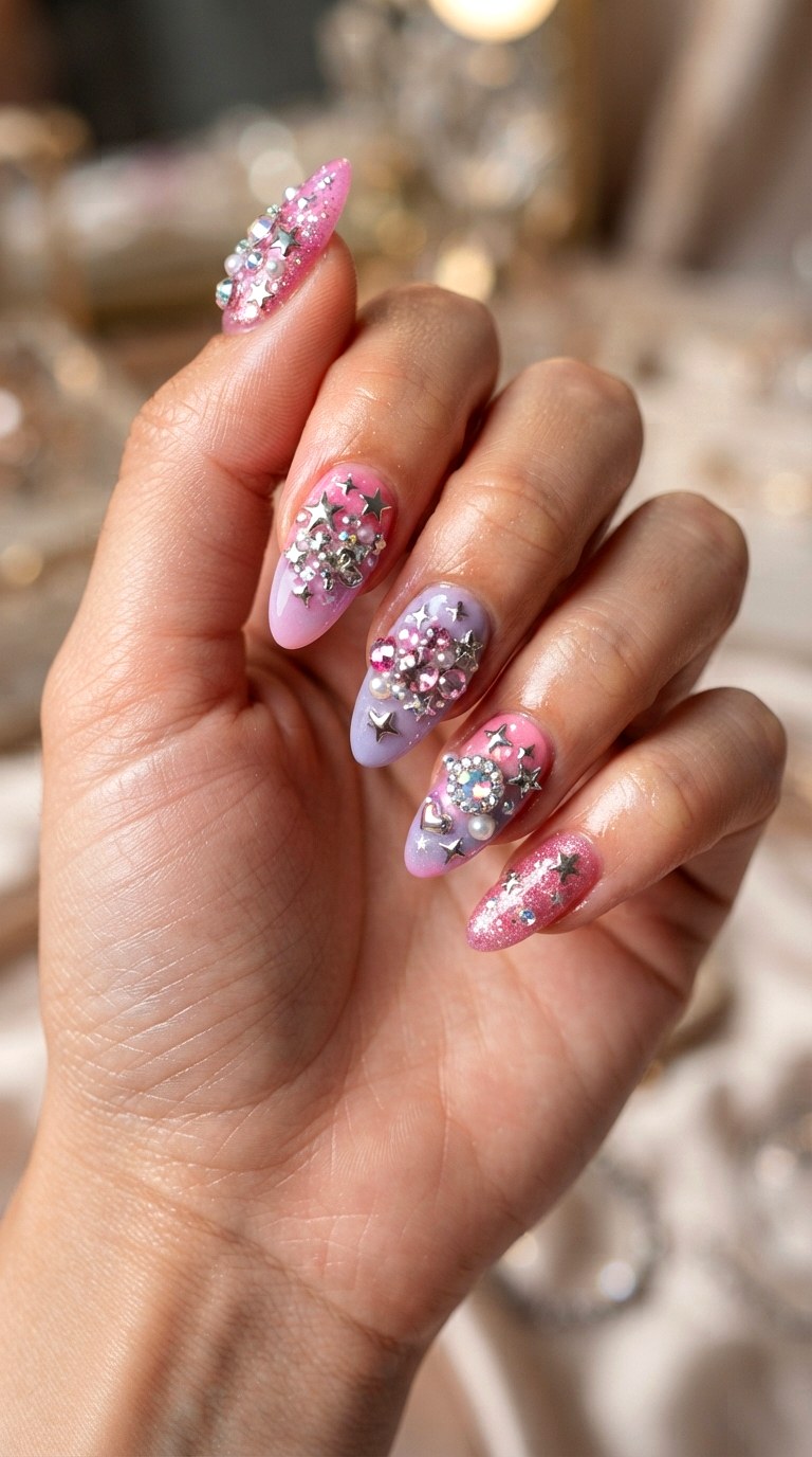 Rhinestone Pop Star Almonds - 22 retro Y2K almond nail ideas
