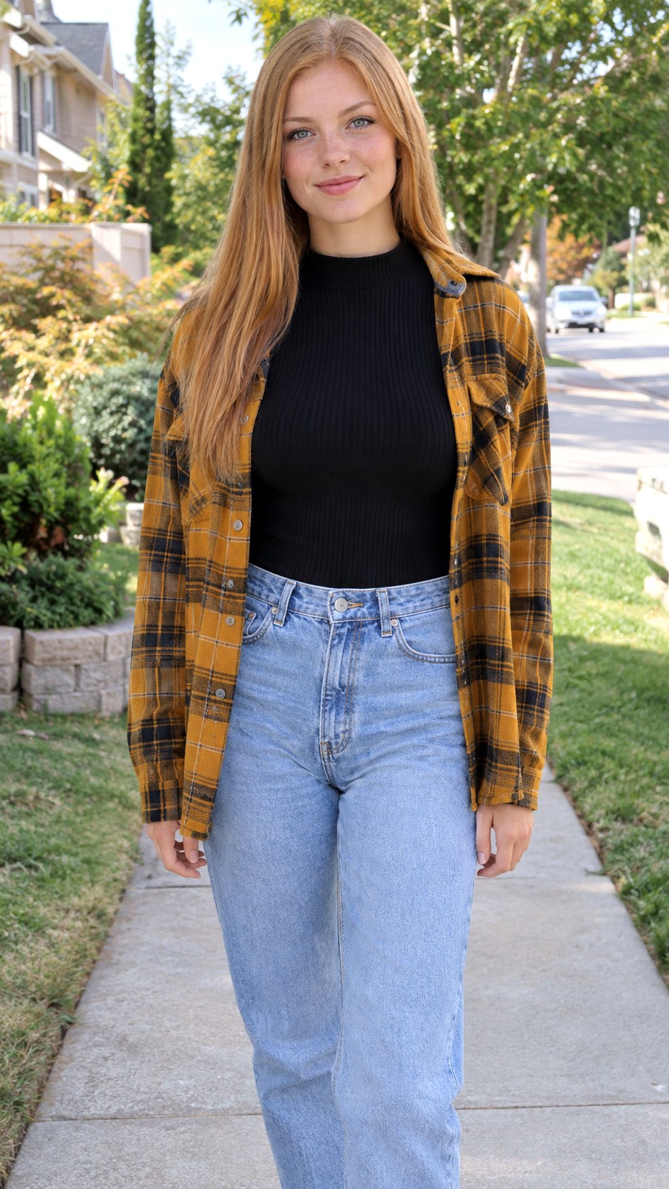 Ribbed Bodysuit And High Waist Jeans With Plaid Shacket - 23 plaid shacket outfit women ideas