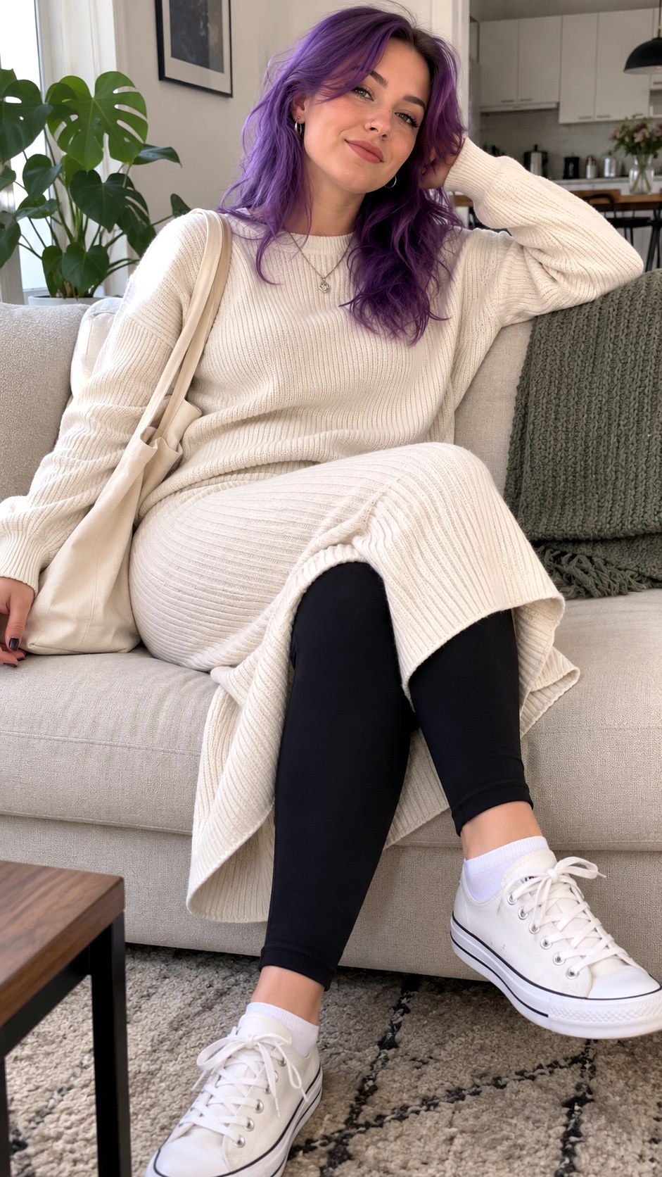 Ribbed Knit Midi Skirt with Black Leggings - 25 Skirt with Black Leggings Ideas