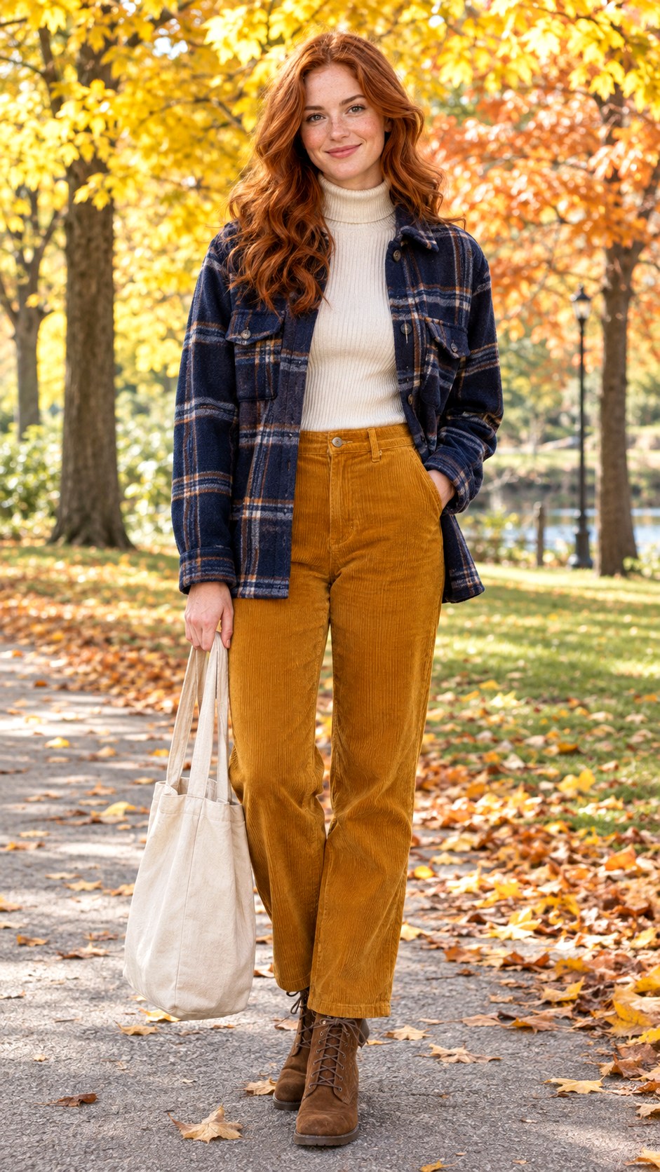 Ribbed Turtleneck and Corduroy Pants - 23 shacket outfit women look ideas