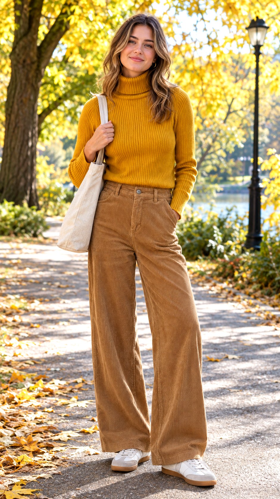 Ribbed Turtleneck and Corduroy Pants - 20 casual fall outfit look ideas