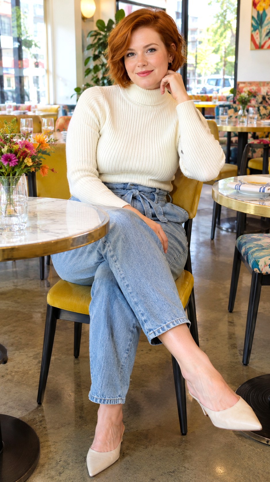 Ribbed Turtleneck and Paperbag Jeans - 24 sweater and jeans outfit ideas