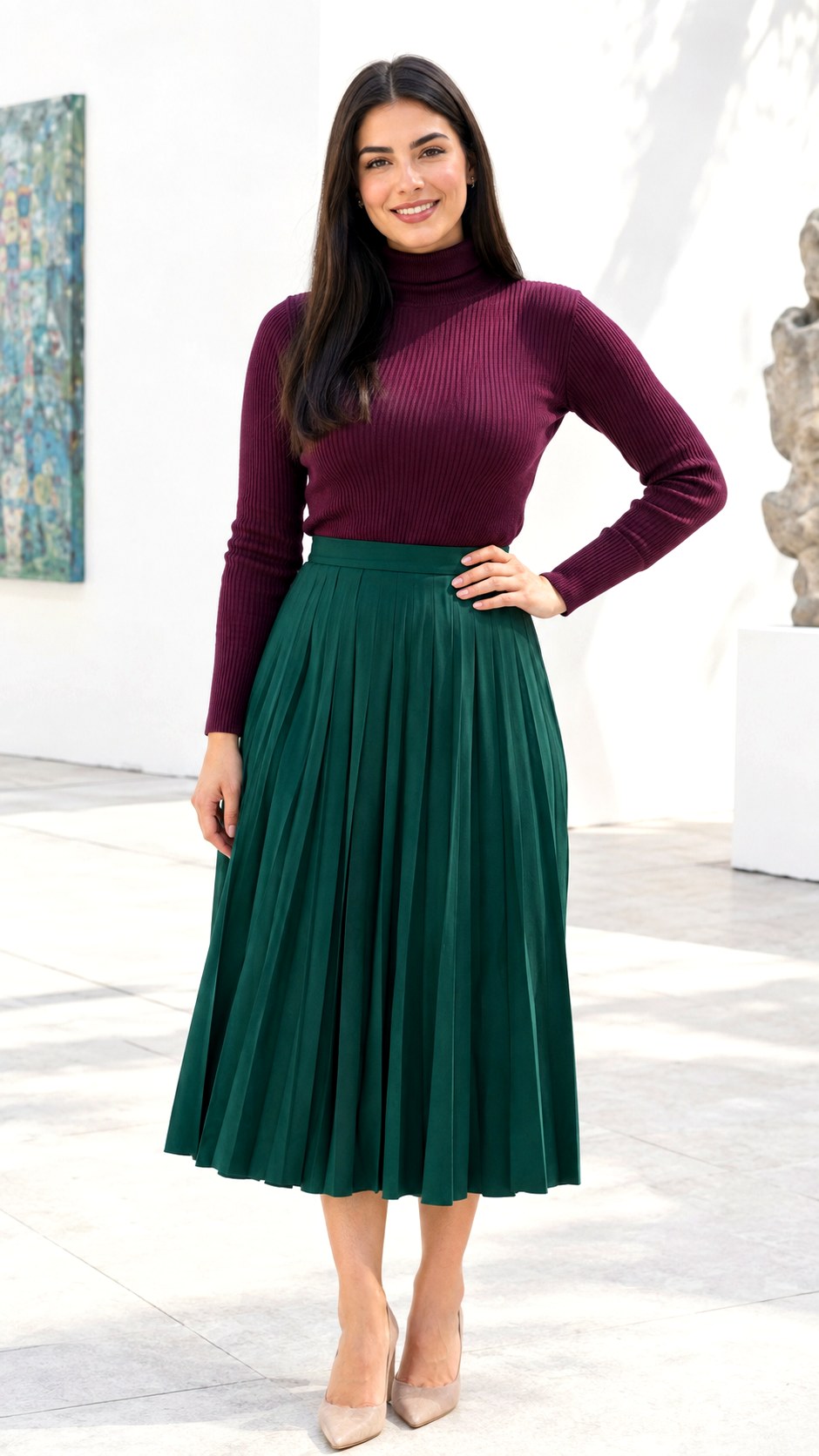 Ribbed Turtleneck and Pleated Skirt - 25 cozy fall outfit ideas