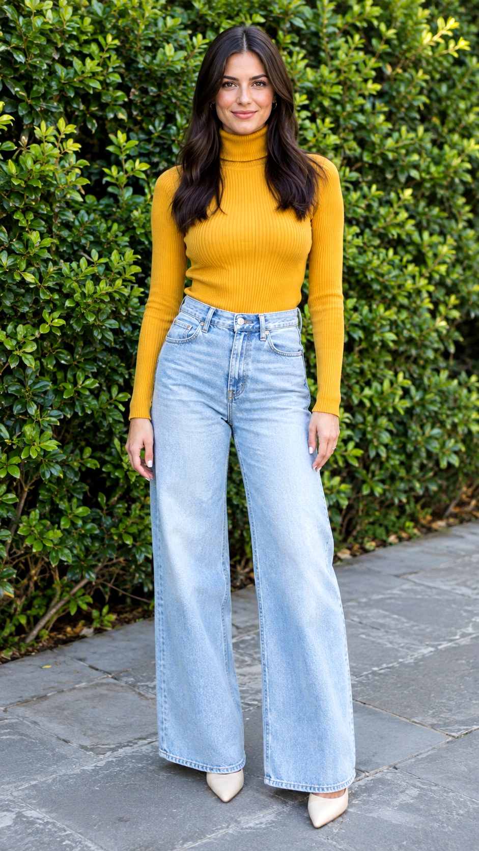 Ribbed Turtleneck and Wide Leg Jeans - 24 early fall outfit look ideas