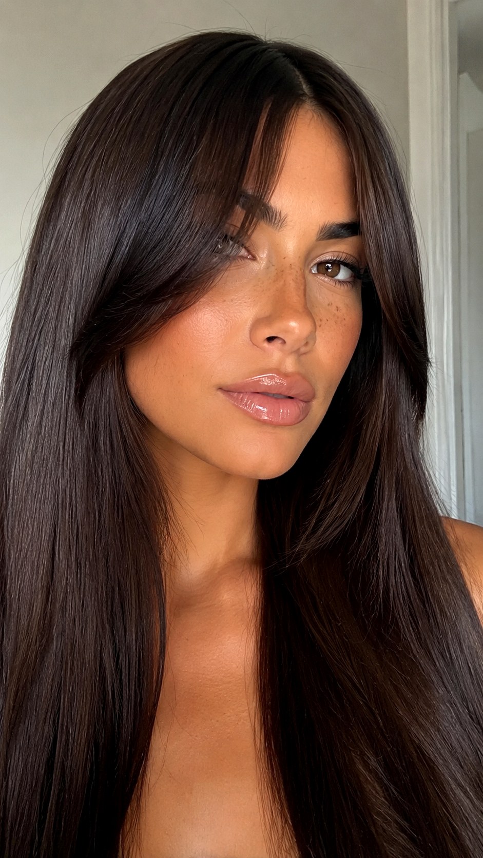 Rich Chocolate Brown Sleek Curtain Bangs - 22 Curtain Bangs Long Hair Ideas