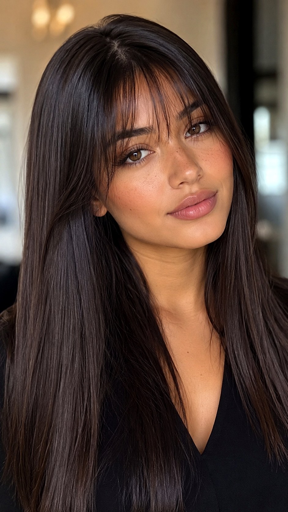 Rich Espresso Straight Sleek Glass Hair - 24 Wispy Curtain Bangs Long Hair Ideas