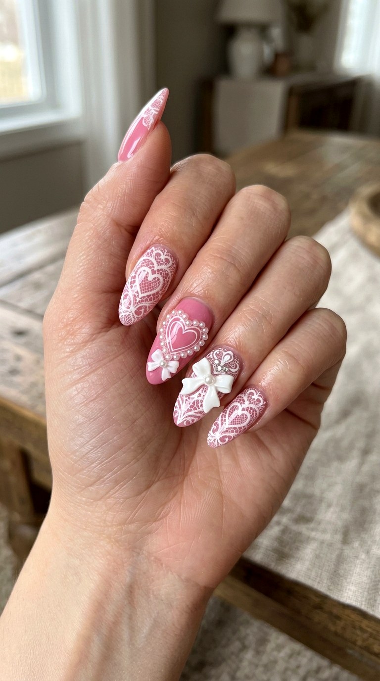 Romantic Lace Pearl Hearts - 21 coquelte lace nail ideas